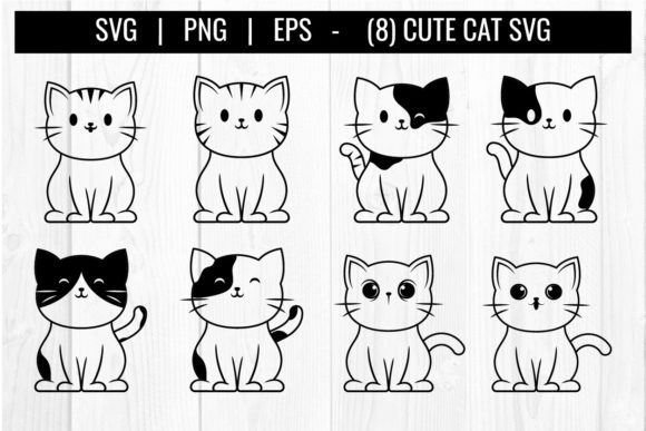 Cute Cat Outline Clipart Svg Bundle