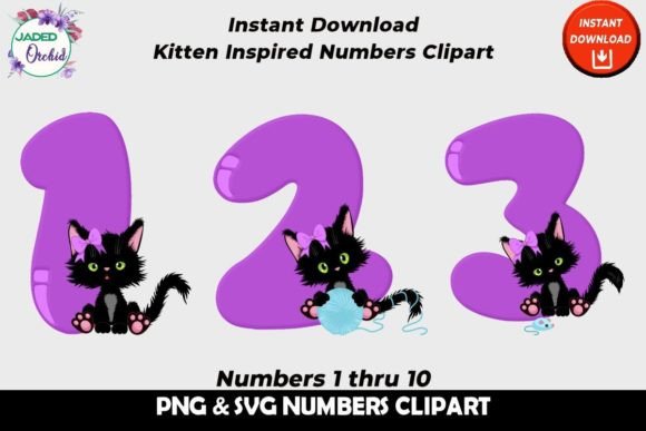 Purple Kitten Numbers Clipart SVG PNG